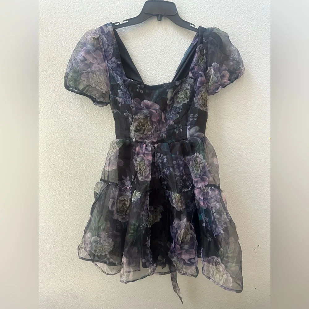 Lulus Exceptional Fate Black Floral Organza Puff Sleeve Mini Dress women’s S - Picture 5 of 9